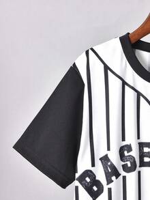 2pcs/Set Boys' Sports Style Striped Baseball Print Short Sleeve T-Shirt & Shorts Set, Summer - Black and White - View 4