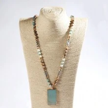 1pc New Fashion Ocean Style Blue & Green Natural Stone Glass Beaded Knot Necklace Multi Blue Stone Square Pendant Sweater Chain