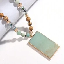 1pc New Fashion Ocean Style Blue & Green Natural Stone Glass Beaded Knot Necklace Multi Blue Stone Square Pendant Sweater Chain