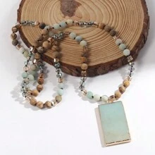 1pc New Fashion Ocean Style Blue & Green Natural Stone Glass Beaded Knot Necklace Multi Blue Stone Square Pendant Sweater Chain