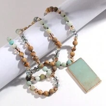 1pc New Fashion Ocean Style Blue & Green Natural Stone Glass Beaded Knot Necklace Multi Blue Stone Square Pendant Sweater Chain