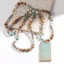1pc New Fashion Ocean Style Blue & Green Natural Stone Glass Beaded Knot Necklace Multi Blue Stone Square Pendant Sweater Chain
