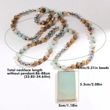 1pc New Fashion Ocean Style Blue & Green Natural Stone Glass Beaded Knot Necklace Multi Blue Stone Square Pendant Sweater Chain