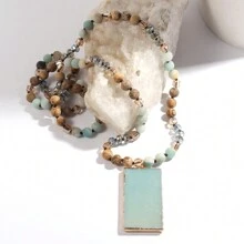 1pc New Fashion Ocean Style Blue & Green Natural Stone Glass Beaded Knot Necklace Multi Blue Stone Square Pendant Sweater Chain