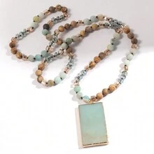 1pc New Fashion Ocean Style Blue & Green Natural Stone Glass Beaded Knot Necklace Multi Blue Stone Square Pendant Sweater Chain