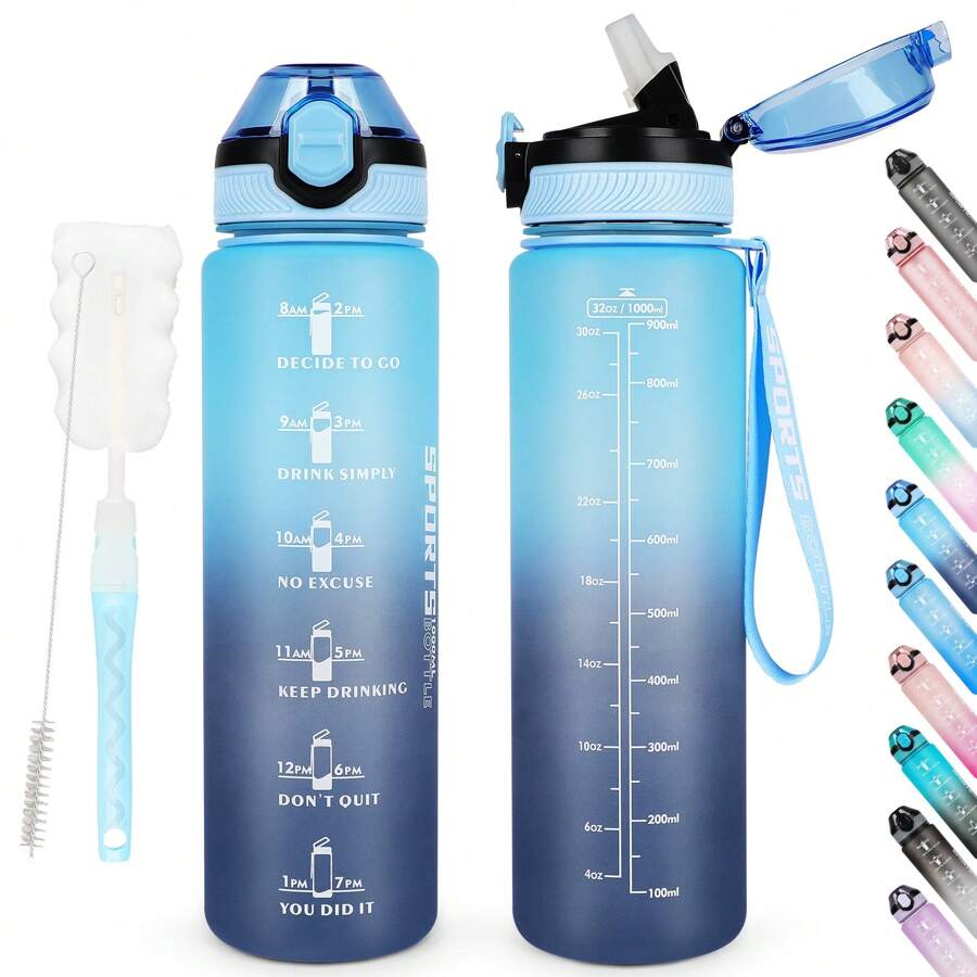AOHAN 1pc Water Bottles 1L Sport Drinking Bottle With Straw, Dishwasher Friendly Lock Cover Leakproof Motivational Water Bottle With Time Markings, Canteen Bottle