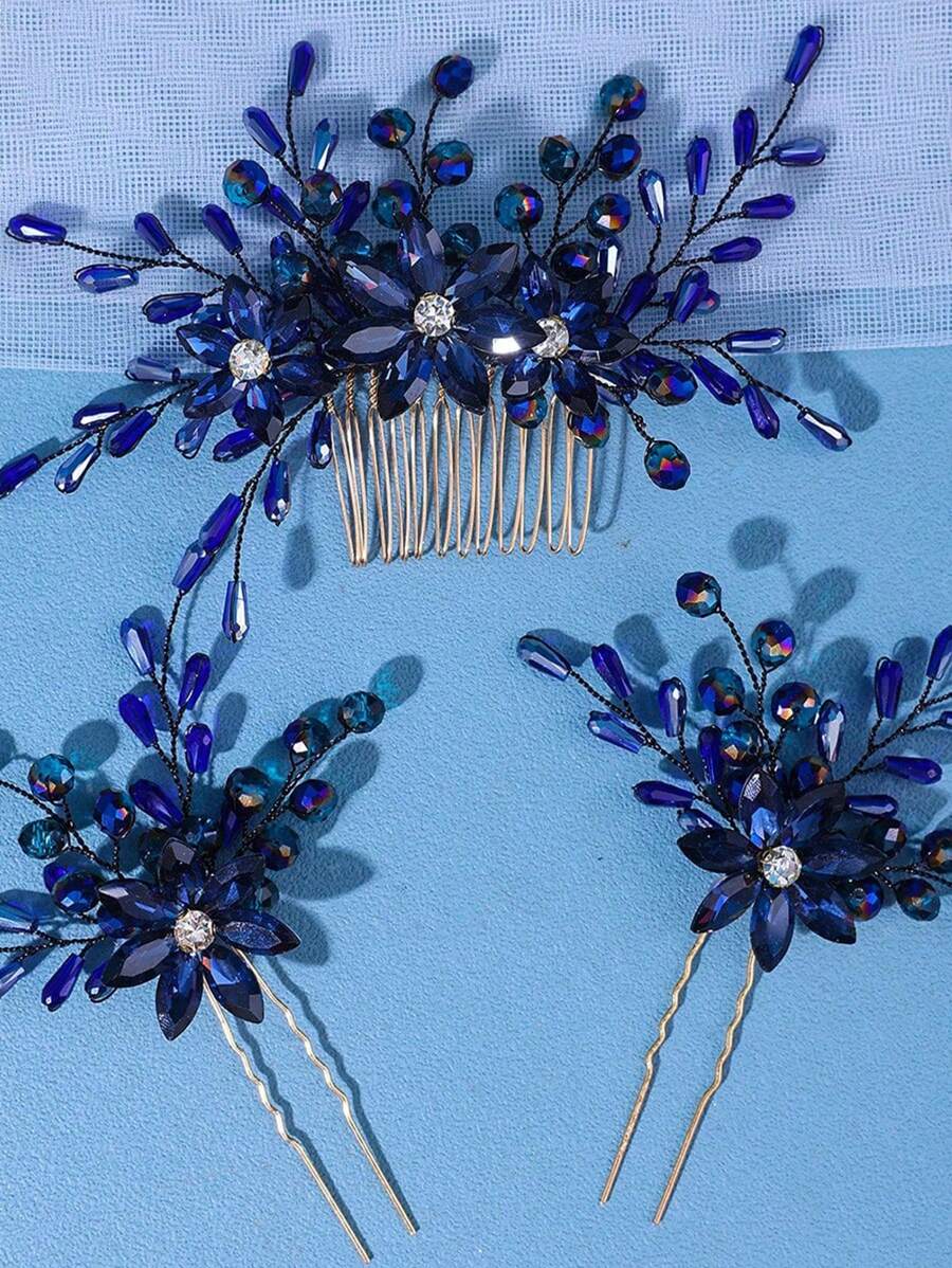 3件套水晶发梳发夹套装，橙色正式礼服盘发配饰，橄榄绿森系哥特暗黑新娘婚礼装饰情人节配饰