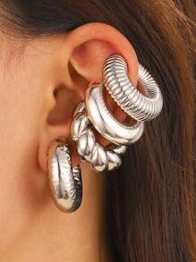 4 pièces Clips d'oreille en argent de grande taille en forme de cylindre creux en spirale en forme de C personnalisés et exagérés. Boucles d'oreilles convenant pour les fêtes, banquets et mariages quotidiens des femmes. - Argent - Voir 2
