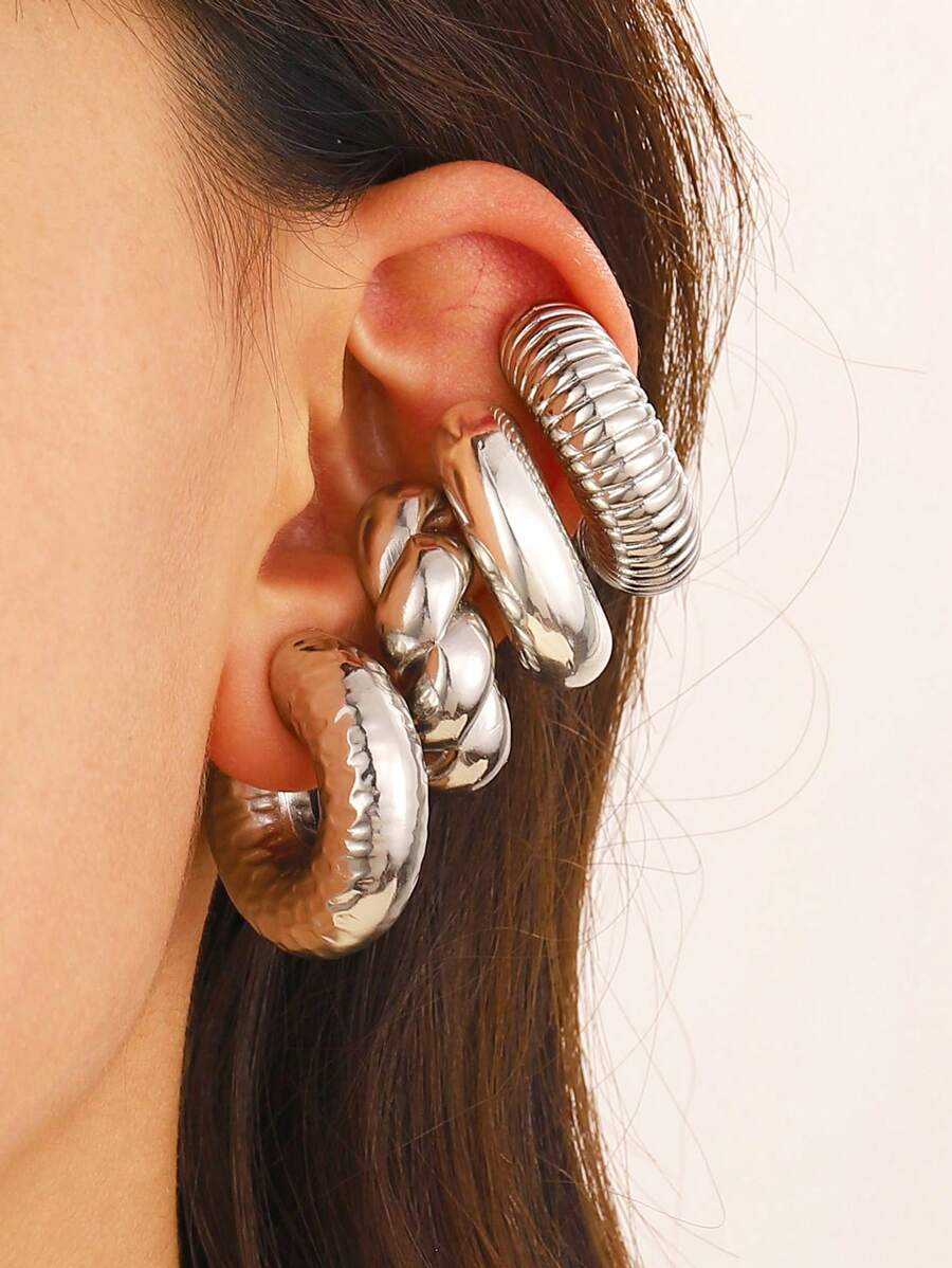 4 pièces Clips d'oreille en argent de grande taille en forme de cylindre creux en spirale en forme de C personnalisés et exagérés. Boucles d'oreilles convenant pour les fêtes, banquets et mariages quotidiens des femmes. - Argent - Voir 1