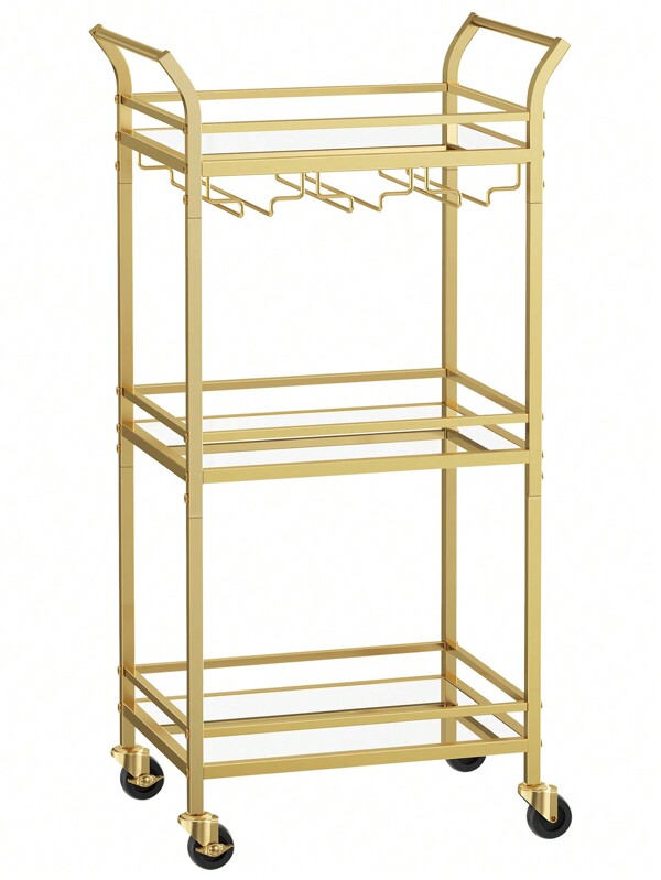 VASAGLE Chariot à 3 Niveaux, Étagère de Cuisine, avec roulettes, Poignée, Verre Réfléchissant, Desserte pour Petit Espace, Cuisine, Salle à Manger, Salle de Bain, Salon, Bar, Doré/Noir