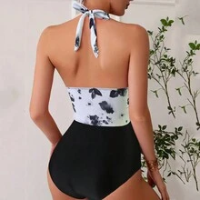 Women's Floral Printed V-Neck Halter One-Piece Swimsuit With Patchwork Summer - Black - View 3