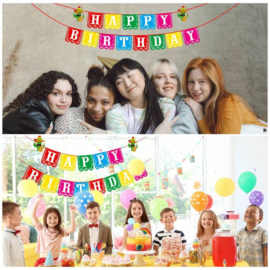 节日生日横幅、墨西哥主题生日快乐横幅、亡灵节装饰、墨西哥狂欢节派对横幅、节日装饰、5月5日派对用品 - 彩色 - 查看 1