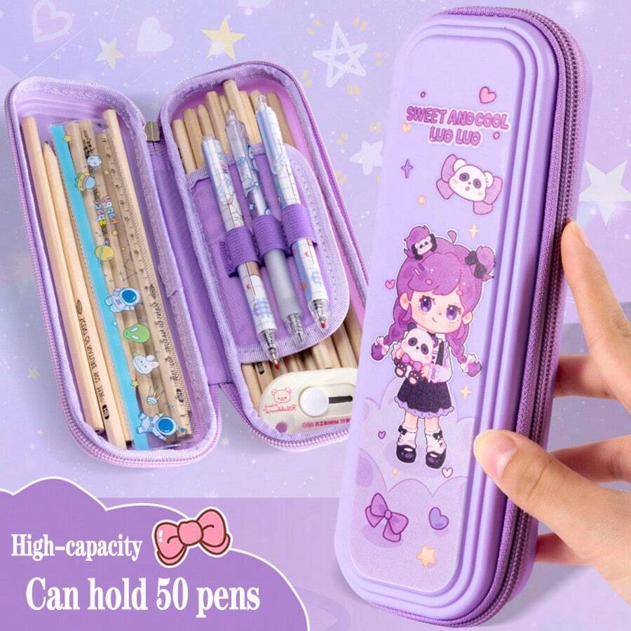 Estuche De Lápices De Dibujos Animados Lindo Para Estudiantes De Primaria, Gran Capacidad, Adecuado Para Niños Y Niñas, Puede Contener Regla De 20 Cm - Azul - Ver 1
