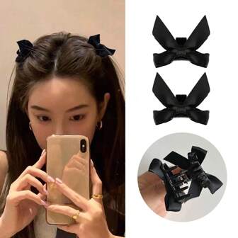 2pcs Lady Hair Accessories In Black: Retro Bowknot Hair Claw, High Crown Princess Hair Claw, Mini Hair Clip, Side Bangs Clip And Half Ponytail Holder For Hairstyling Street Summer Hair Clips Hair Jaw Clip Hair Clamps Hair Clutch Hair Claw Clip, Bow Accessories, School Stuff, College Fall Winter Claw Clip For Vacation Outfits Woman