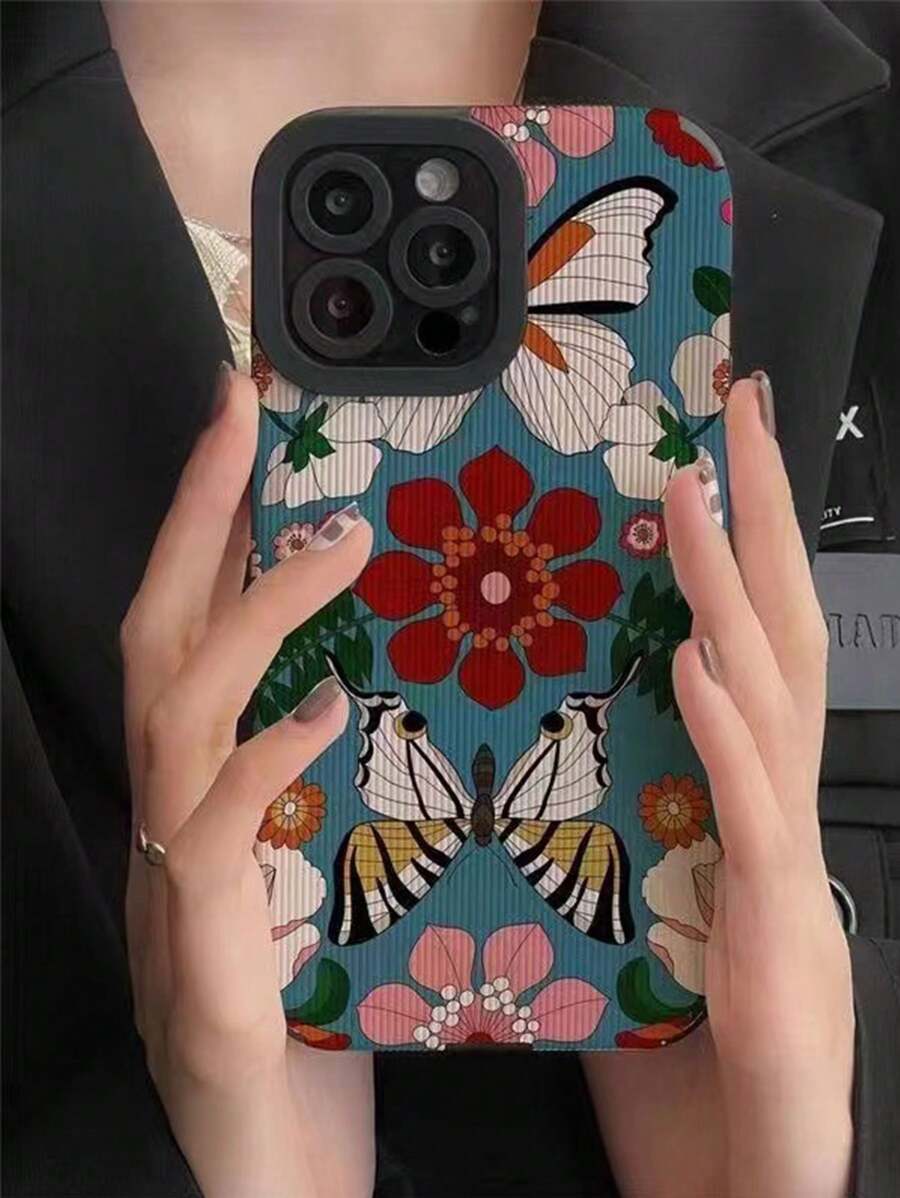 1pc Butterfly & Flower Design Soft Phone Case Compatible With IPhone 14/13 Pro Max, 11 Pro, Xs Max And 12 Pro For Female - Multicolor - View 1