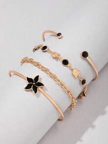 4入組時尚復古蝴蝶、花朵和鑽石裝飾寶石手鍊套,約會送禮佳品 - 金色 - 查看 3