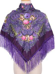 Women's Oversized Printed Traditional Scarf, Multicolor Rose Blossom With Tassels For Various Use Boho - Multicolor - View 14