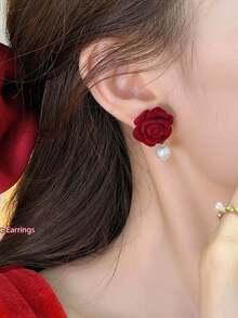 1 Par De Aretes Con Forma De Rosa Roja - Rojo - Ver 2