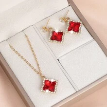 3 件/套女士紅鑽首飾套裝配件,送給她的禮物 - 紅色 - 查看 3