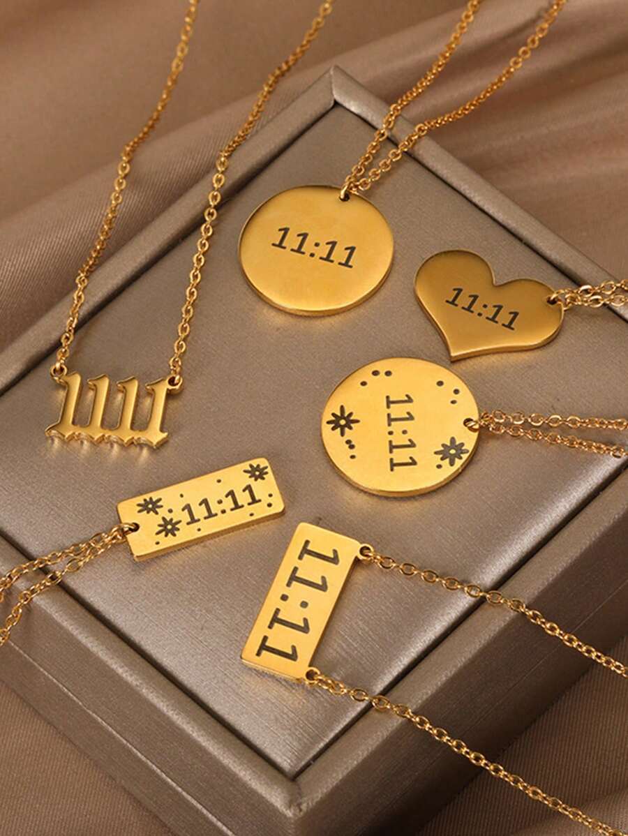1 件复古天使数字 1111 吊坠项链女式心形/圆形/方形 11:11 数字项链 18K 镀金不锈钢链式颈链时尚珠宝礼物情人节 - 金黃色 - 查看 1