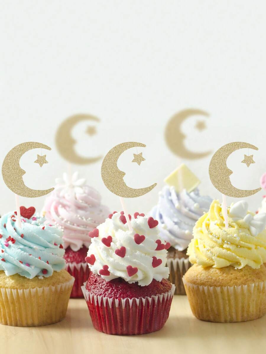 10pcs Star & Moon Themed Golden Cake Toppers