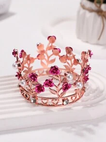 1入組兒童生日皇冠,帶有葉片和玫瑰花裝飾,適用於蛋糕裝飾 - 玫紅色 - 查看 3