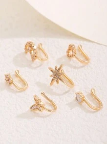 6pcs/Set Simple & Fashionable Nose Ring With Copper Plated & Rhinestone Decoration In Heart, Moon, Star, Butterfly Shape For Everyday Wear - Yellow Gold - View 2