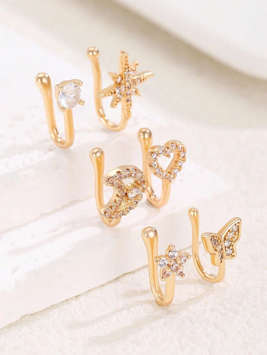 6pcs/Set Simple & Fashionable Nose Ring With Copper Plated & Rhinestone Decoration In Heart, Moon, Star, Butterfly Shape For Everyday Wear - Yellow Gold - View 1
