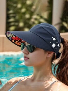 1 pezzo Nuovo cappello da secchio alla moda per donne, da viaggio e all aperto, con protezione solare, a tesa larga e pieghevole, con foro per la coda di cavallo, decorato con perle finte e motivo a foglie, adatto per uso casual quotidiano