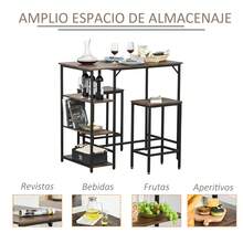 HOMCOM Set de Mesa de Bar y 2 Taburetes con Reposapiés y Estantes de 3 Niveles Almohadillas Ajustables para Cocina Comedor 109x60x100 cm Marrón Rústico - Marrón - Ver 6
