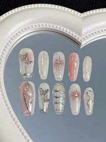 10 chiếc móng tay giả dài kiểu quan tài màu hồng đầy sao có keo dính và dũa móng tay, có thể tháo rời và tái sử dụng, thích hợp cho bé gái và phụ nữ ấn vào móng tay Đồ dùng làm móng - Nhiều màu - Xem 3