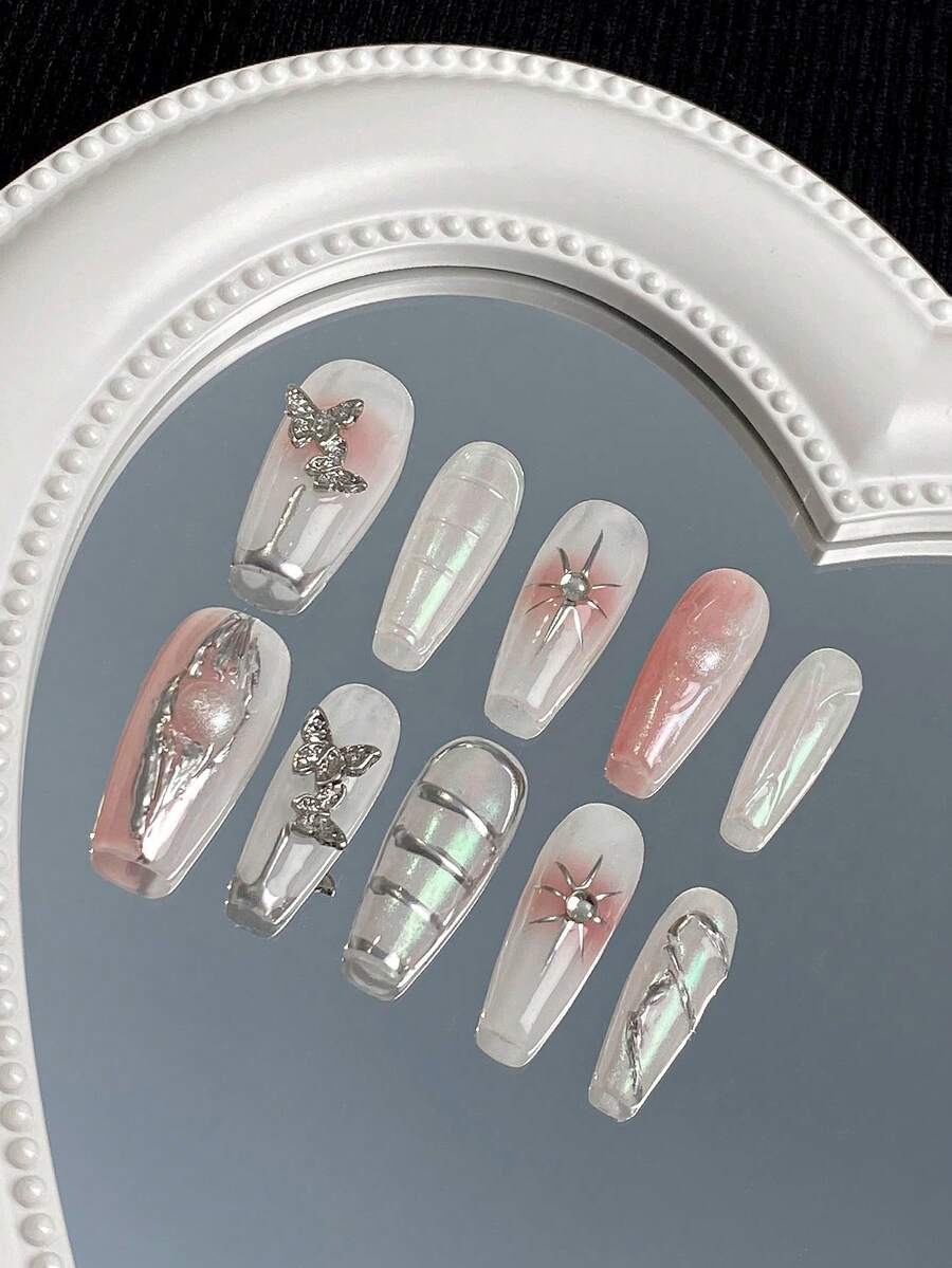 10 chiếc móng tay giả dài kiểu quan tài màu hồng đầy sao có keo dính và dũa móng tay, có thể tháo rời và tái sử dụng, thích hợp cho bé gái và phụ nữ ấn vào móng tay Đồ dùng làm móng - Nhiều màu - Xem 1