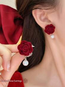 1 Par De Aretes Con Forma De Rosa Roja - Rojo - Ver 1