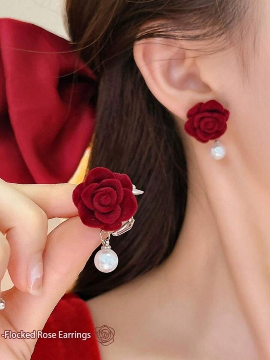 1 Par De Aretes Con Forma De Rosa Roja - Rojo - Ver 1
