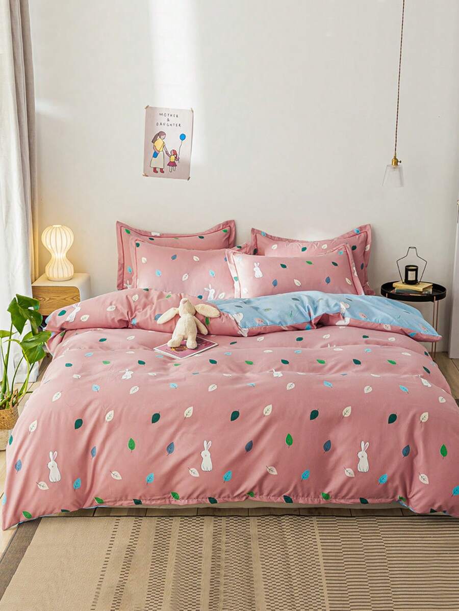 4pcs/Set Rabbit & Leaf Pattern Duvet Cover Set Without Filler, Soft Comforts Bedding Set, Room Decor, Winter, Valentine'S Day Outfit - 粉色 - 查看 1