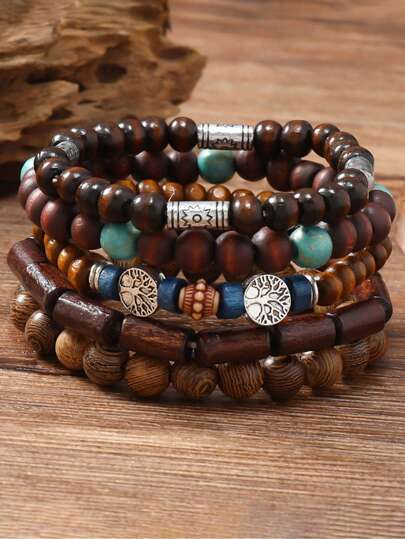 5pcs/Set Retro Simple Fashion Elastic Cool Bracelets, Wooden Beads Coconut Shell Bracelets, Suitable For Men/Women/Couples Casual & Commuting Style
