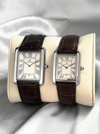 Pablo Raez 1pc Elegant Couple Watches, 304 Stainless Steel Silver Case, White Roman Numerals Dial, Minimalist Square Dial, Brown/Black Faux Leather Strap, Date Display, Waterproof Quartz Watches, Suitable For Everyday, Work, Gifts For Couples, Family And Friends, Ideal For Valentine's Day, Christmas