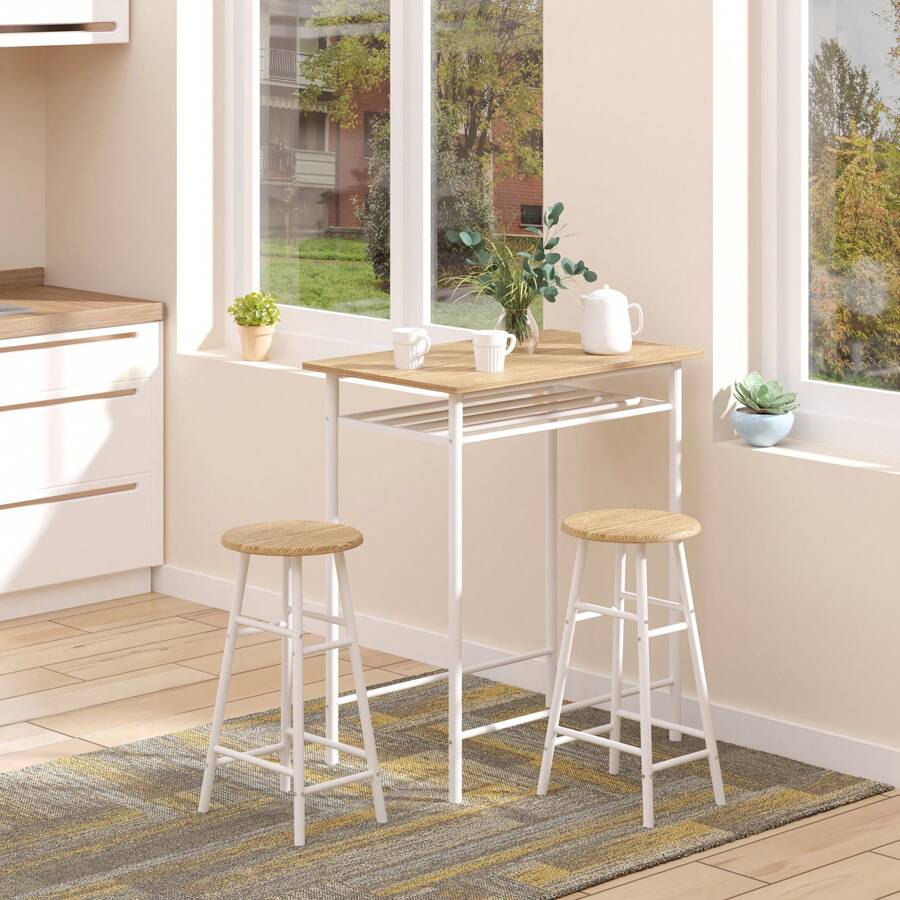 HOMCOM Juego de Mueble de Bar Set de Mesa Alta y 2 Taburetes con Estante de Almacenamiento y Marco de Metal para Cocina Comedor 80x50x90 cm Blanco - Blanco - Ver 1