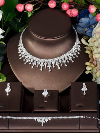 1套立方氧化鋯簇花大流蘇婚禮新娘選美項鍊,4件迪拜珠寶套裝女款