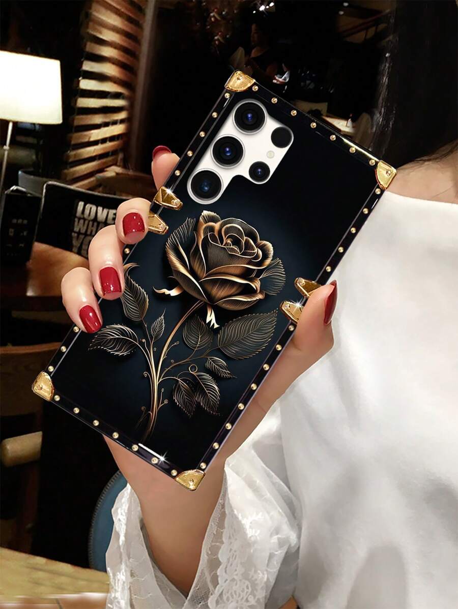 1pc Black Rose Element Fashion Shockproof Rectangular Phone Case, Compatible With Samsung Galaxy S26 Ultra/S26/S26 Plus/S26FE/, Apple 18ProMax/18pro/17 Pro Max/17 Air/16 Pro Max, 15 Pro Max/15/14 Plus/14 PM/14/13/12/11/XR, And Galaxy S25/S25 FE/A17/A07/S24+/S24 Ultra 5G/S24FE/S24/S23 Ultra/S23/S22/S22/S21/S20, A73/A55 5G/A57 5G/A37 5G/A54/A53/A52s/A35/A34/A33/A32 4G/A27/A25/A23/A15/A14/A13 4G, Anti-Slip Protection, Suitable As Spring Festival Gift Or Anniversary Gift - Black - View 1
