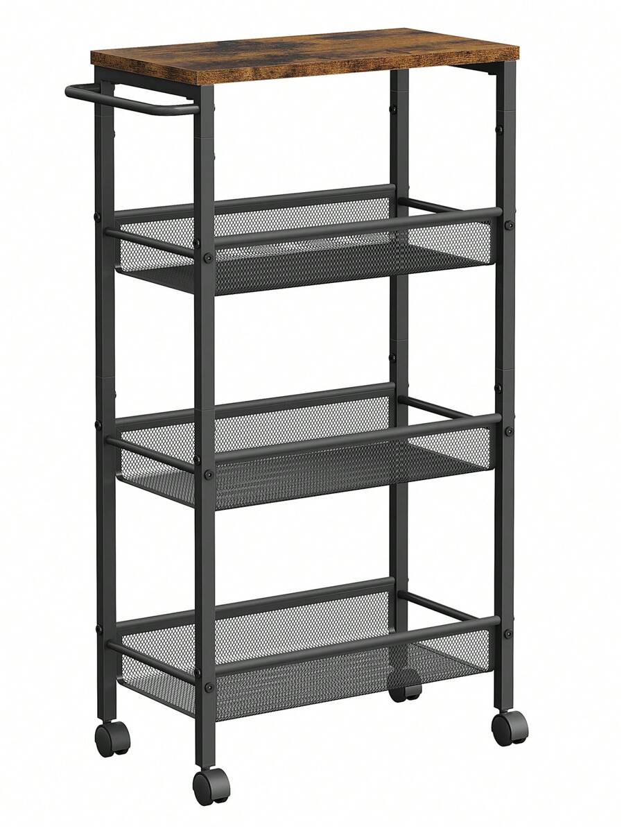 VASAGLE Desserte 4 Niveaux, Étagère de Cuisine Fin avec roulettes, Desserte Mobile, Cadre en Acier, Poignée, Petit Espace, Cuisine, Salle de Bain, Salon, Bureau, Marron - Tabac - Voir 1