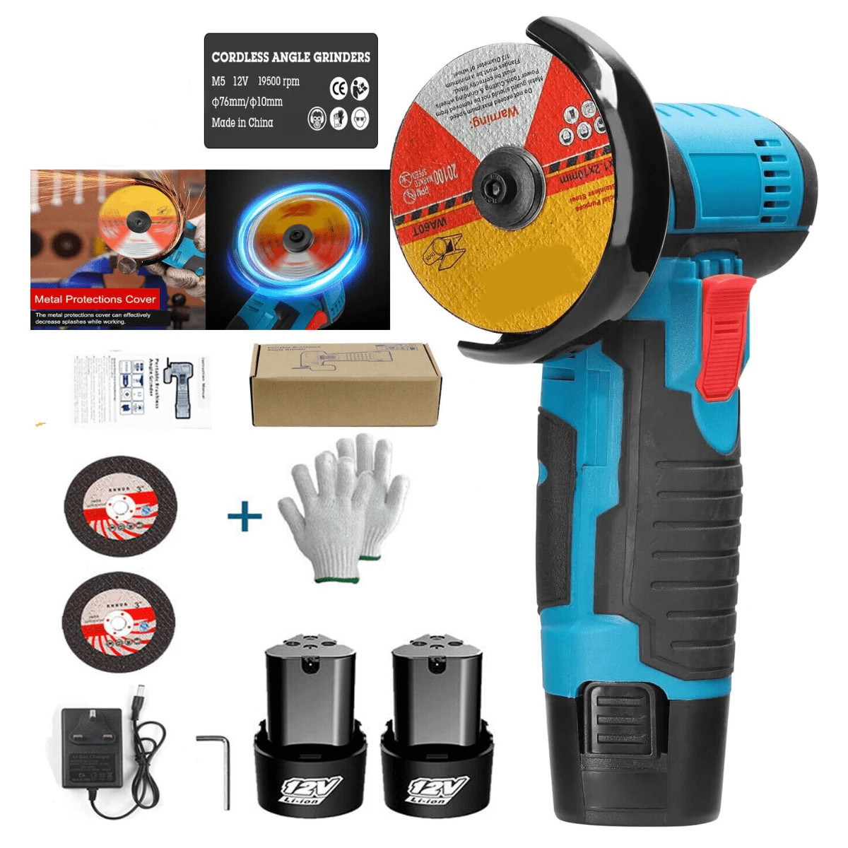 19500RPM Brushless Angle Grinder Cordless Grinders Power Tools With 2 Batteries - Blue - View 1