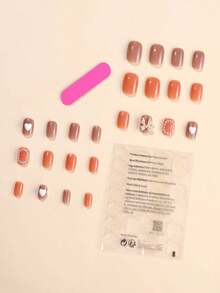 24pcs Short Square Shaped Sweet Style Floral Acrylic Bead Inlaid With Milk White Butterflies And Cute Hearts, With 1pc Clear Jelly Strip And 1pc Acrylic Sheet - Apricot - View 3