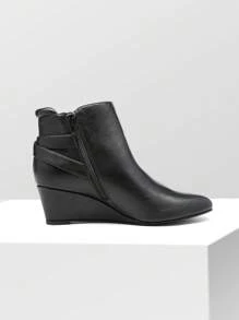 Women's Black Ankle Booties Low Wedge Heels Boots - ĐEN/PU - Xem 3