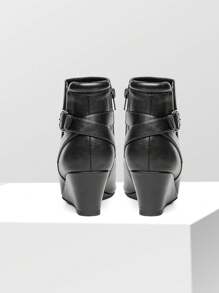Women's Black Ankle Booties Low Wedge Heels Boots - ĐEN/PU - Xem 2