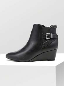 Women's Black Ankle Booties Low Wedge Heels Boots - ĐEN/PU - Xem 4