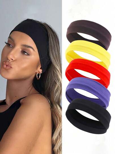 5件套女士简约优雅彩色发饰套装 - 包括咖啡色、黑色、红色、黄色、紫色发带，适合运动、瑜伽、休闲场合、度假等场合佩戴。