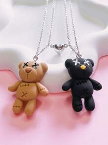 2 件时尚泰迪熊磁性情侣项链，最佳朋友礼物可爱卡通吊坠，适合女孩 - 銀色 - 查看 6