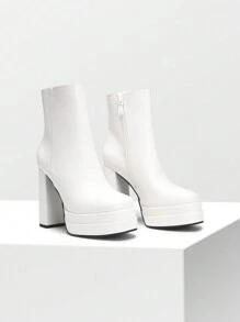 Women's Platform Ankle Boot High Chunky Heels Square Toe Comfort Party Dress Booties Shoes For Women - trắng - Xem 6