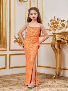 少女無袖細肩帶閃亮高中舞會禮服 - 橘色 - 查看 1